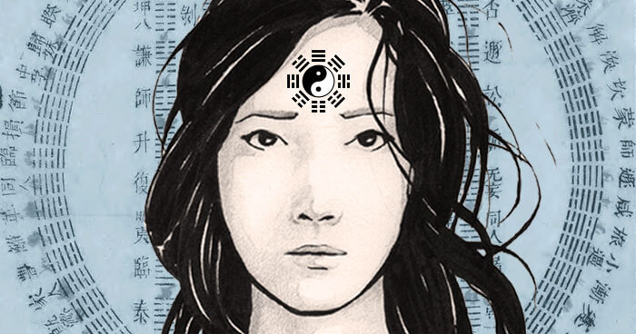 Woman with I Ching Eight Trigrams on her forehead and Yi Ching symbols and text in the background.