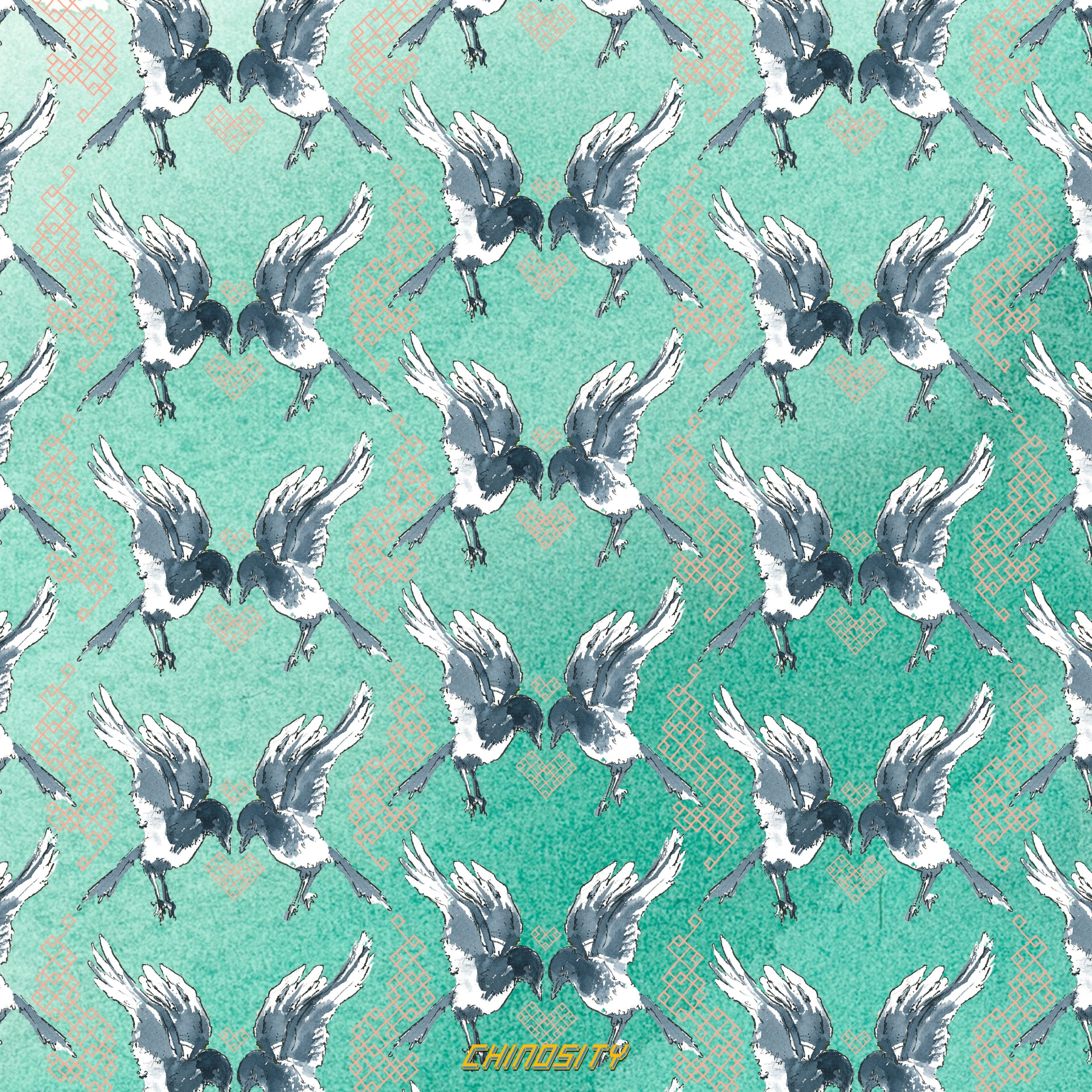 Green Geometric Magpie Lovebird Wallpaper Art Design