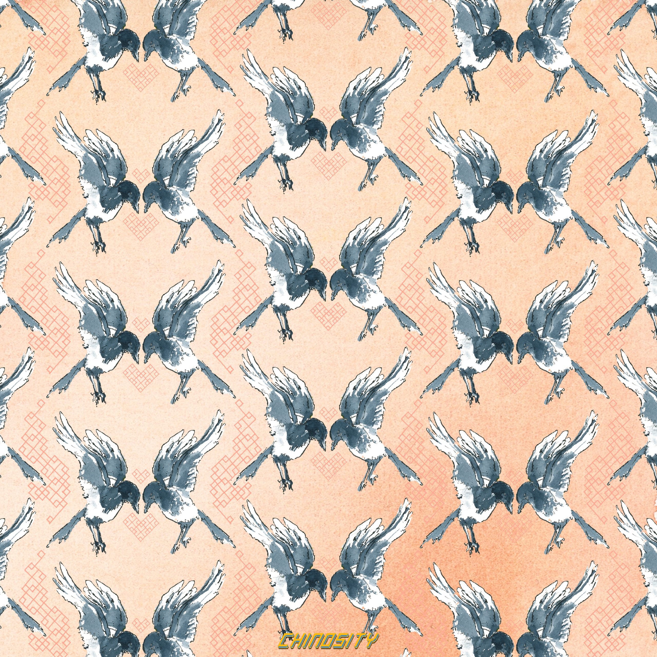 Peach Geometric Magpie Lovebird Wallpaper Art Design